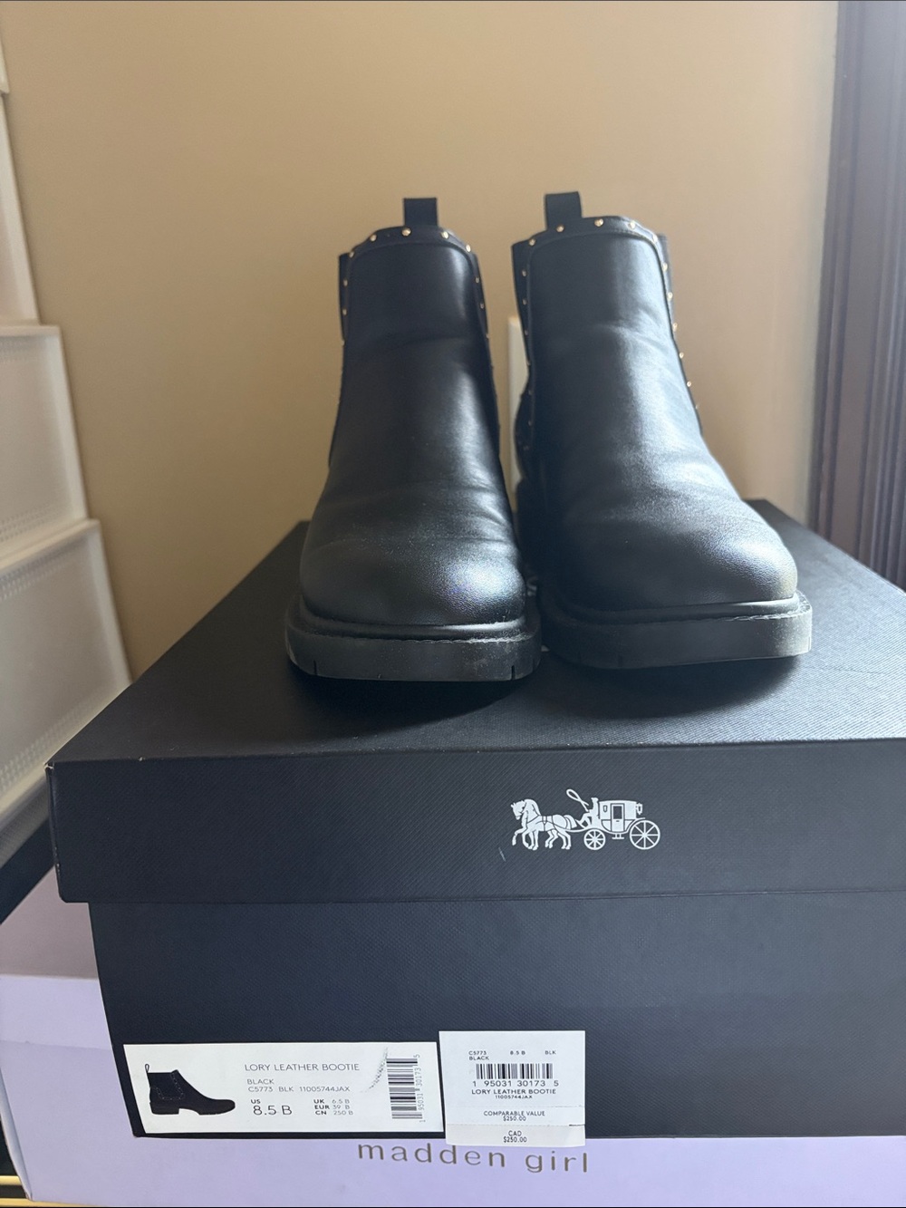 Coach Black Leather Ankle Booties with Stud Trim